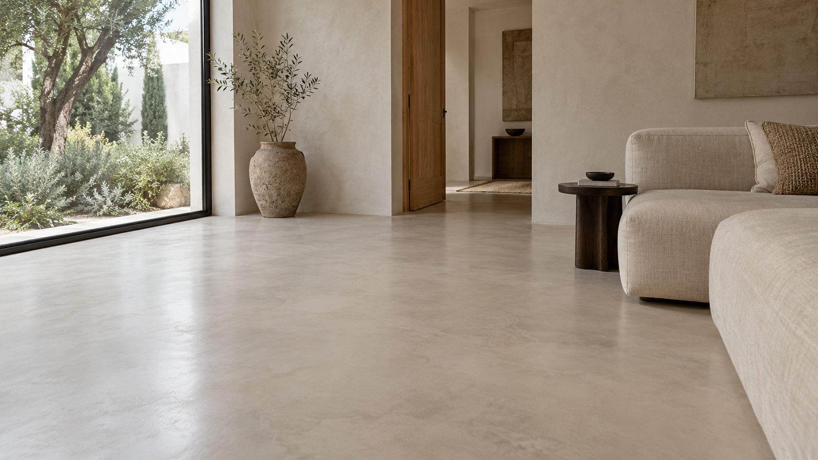 Interior study — soft cream resin, warm natural materials and gentle daylight.