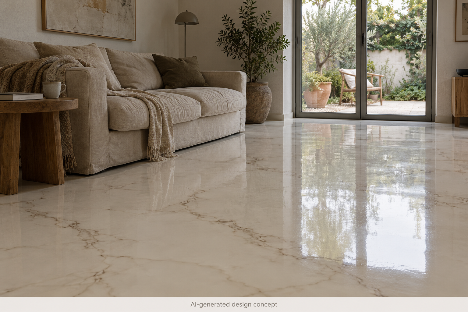 Design concept: a warm ivory resin floor with delicate marble-inspired veining in a sunlit living room.