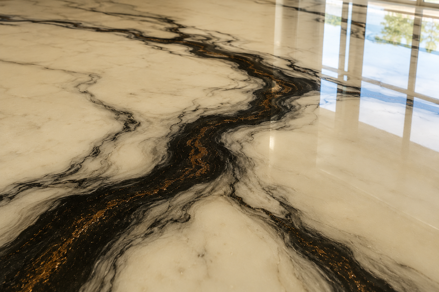 Material study — ivory resin, flowing black pigment and delicate bronze accents beneath a high-gloss finish.