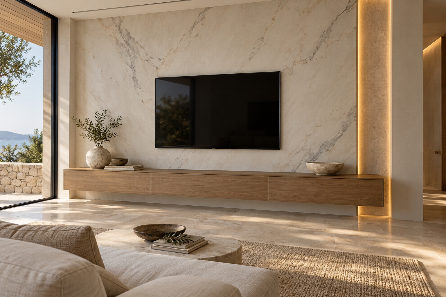 Design concept: an ivory resin TV wall with fine stone-inspired veining, a floating oak console and warm lighting.