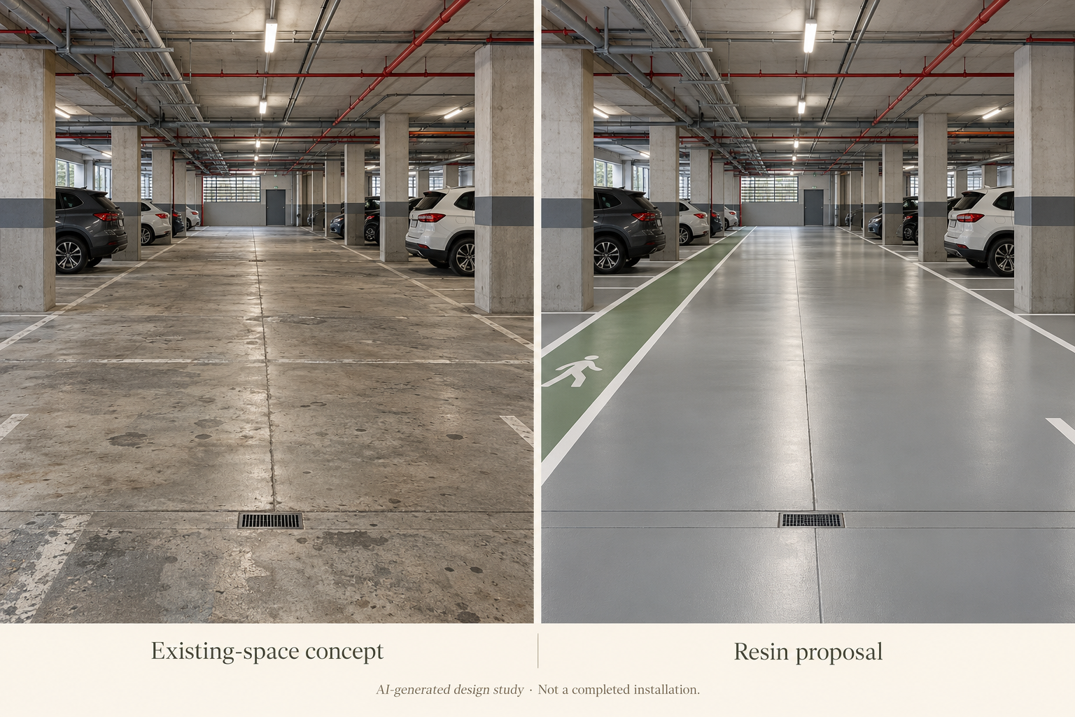 LARGE CAR PARKS · Grey resin with a defined pedestrian route.