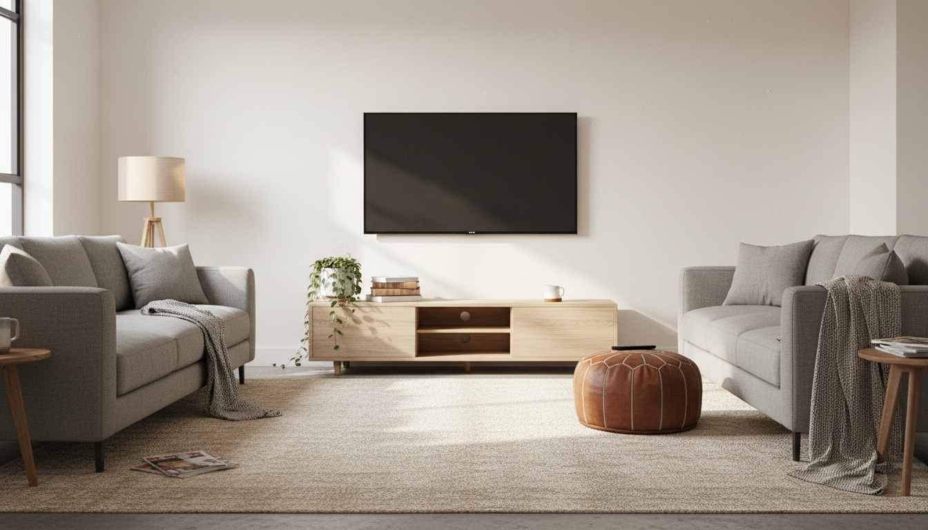 Living room before installation with plain wall and standard TV setup, pending resin decorative wall renovation.