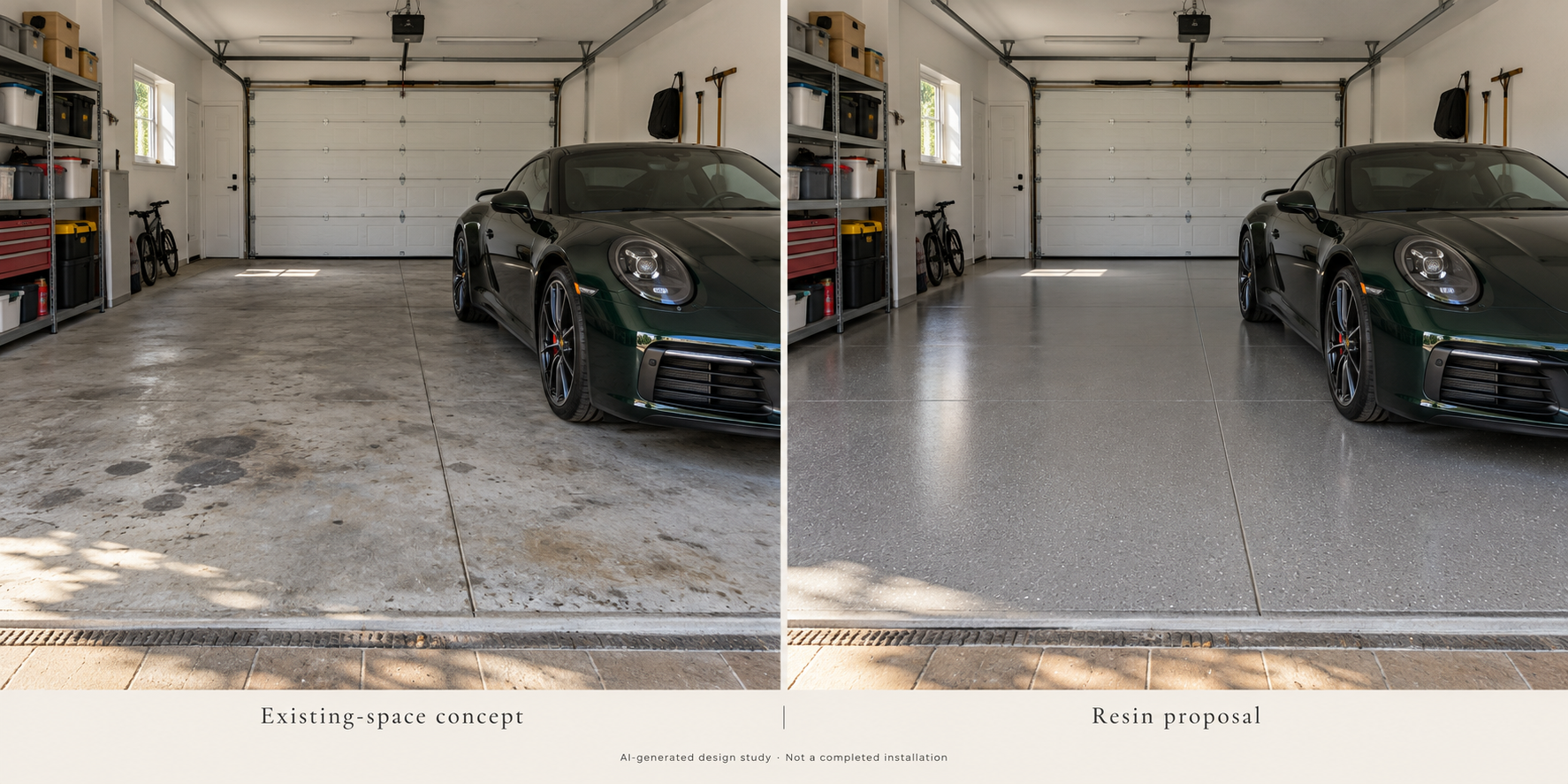 AI-generated garage design comparison: aged concrete floor and proposed grey satin resin finish, with the same car and layout. Not a completed installation.