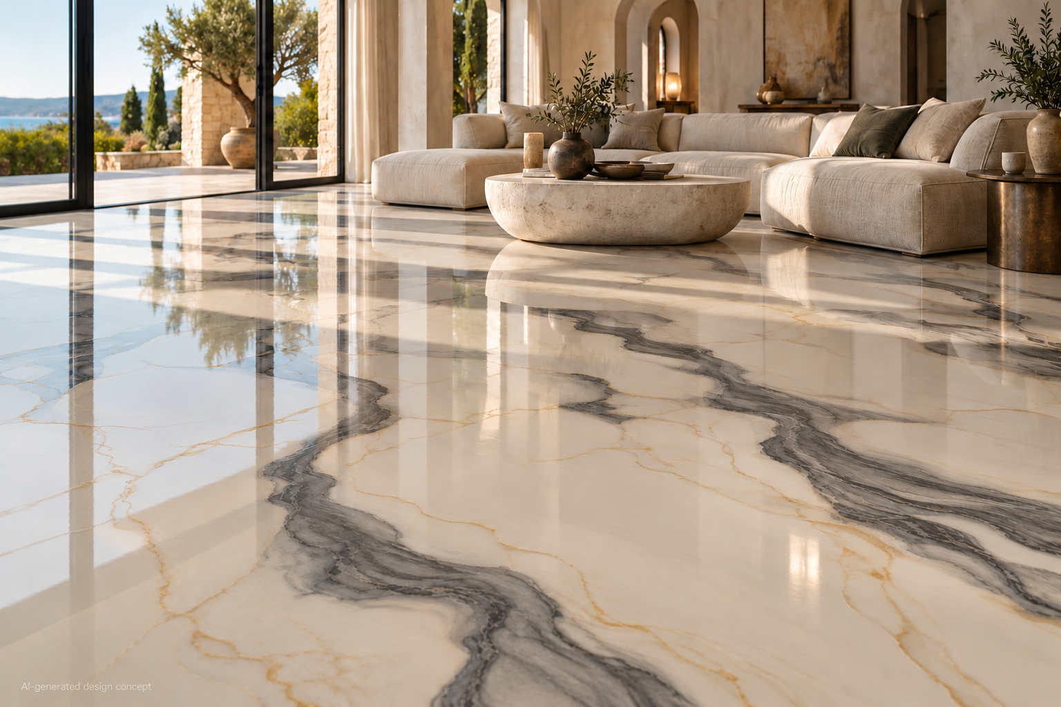 MARBLE · Ivory, charcoal and champagne pigments beneath a smooth glass-gloss finish.