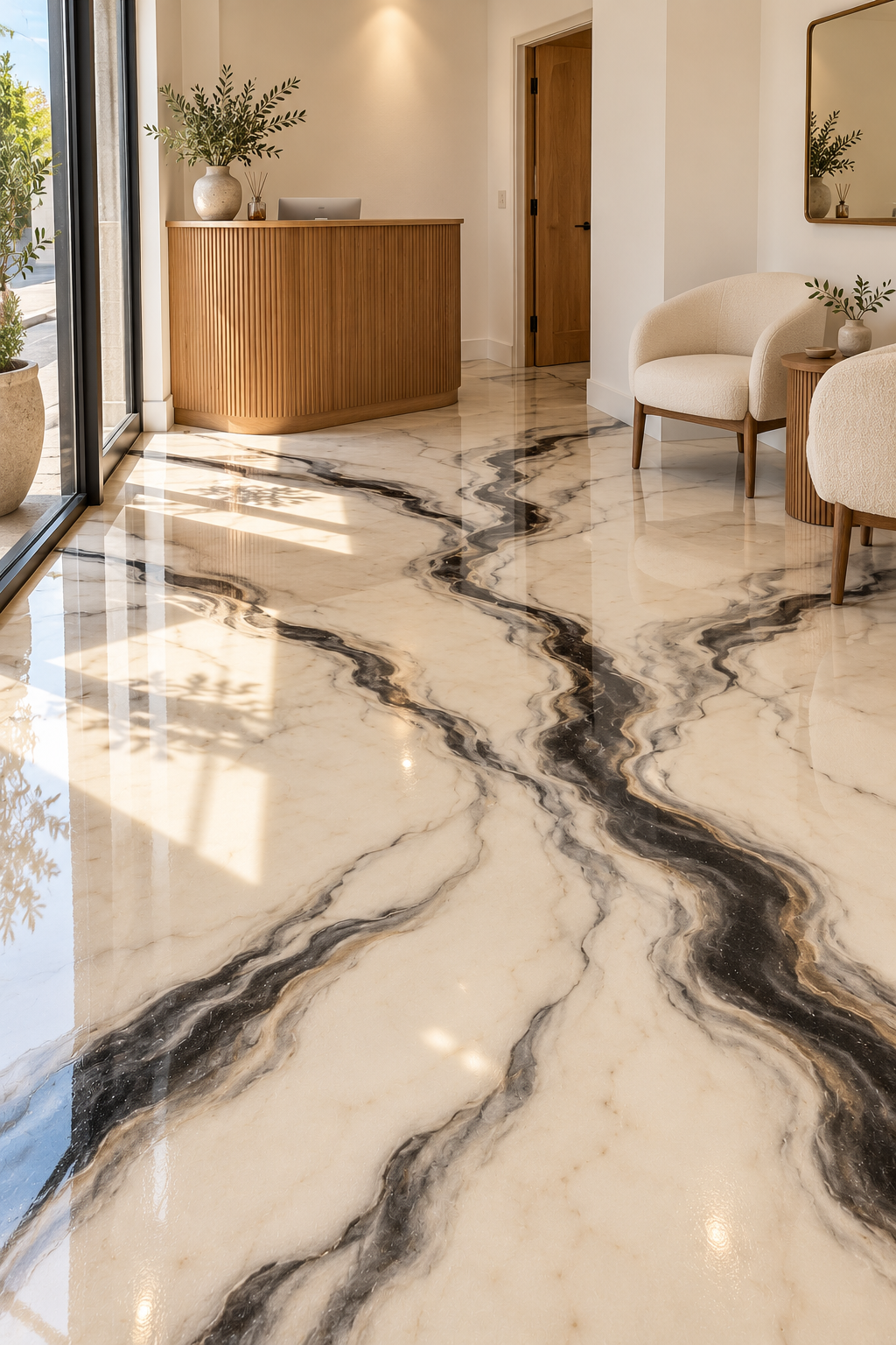 Glossy ivory resin with flowing charcoal veining and subtle bronze accents. Interior study.