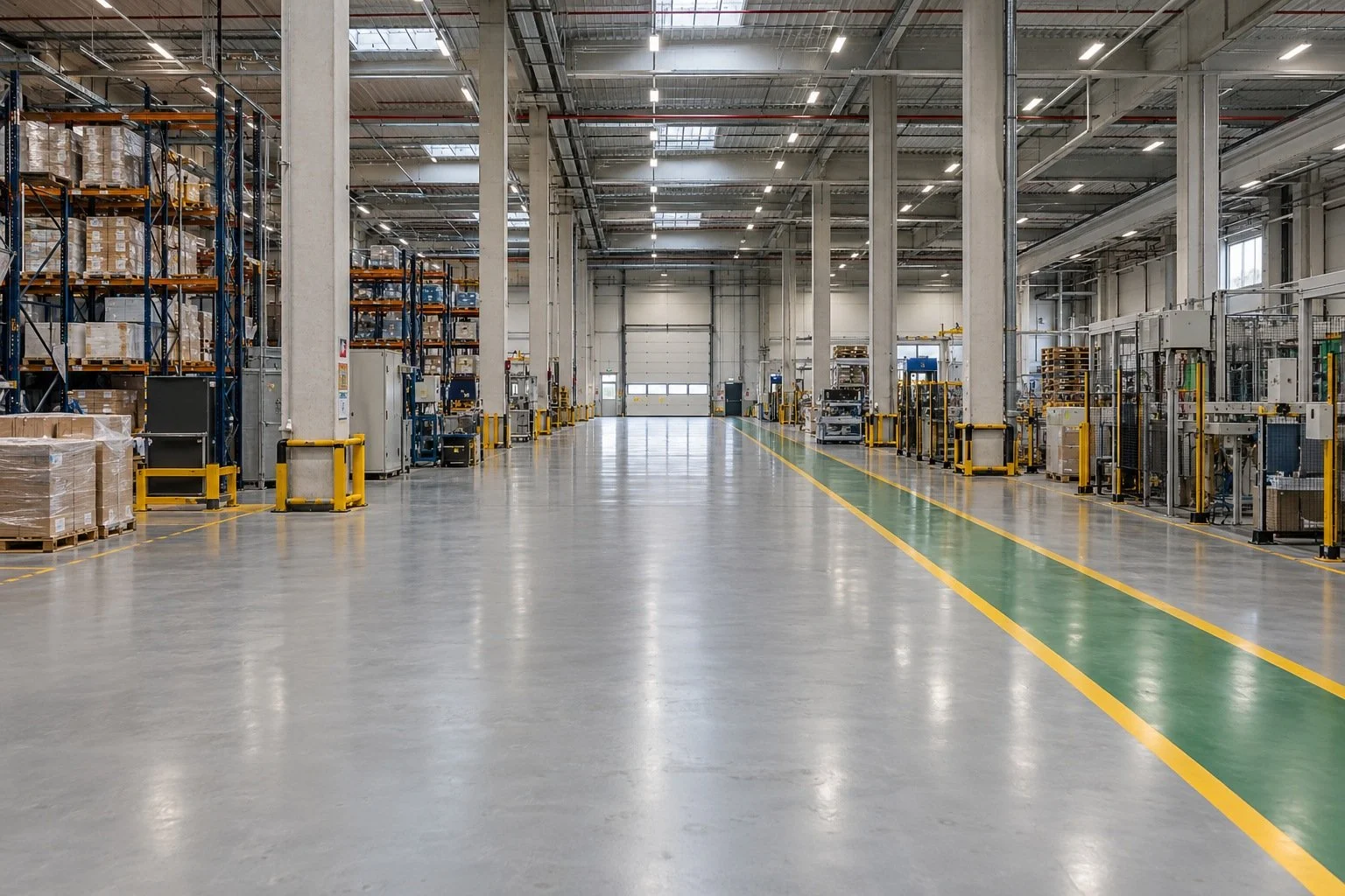 Large commercial facility design study with grey resin flooring, warehouse storage and marked circulation routes