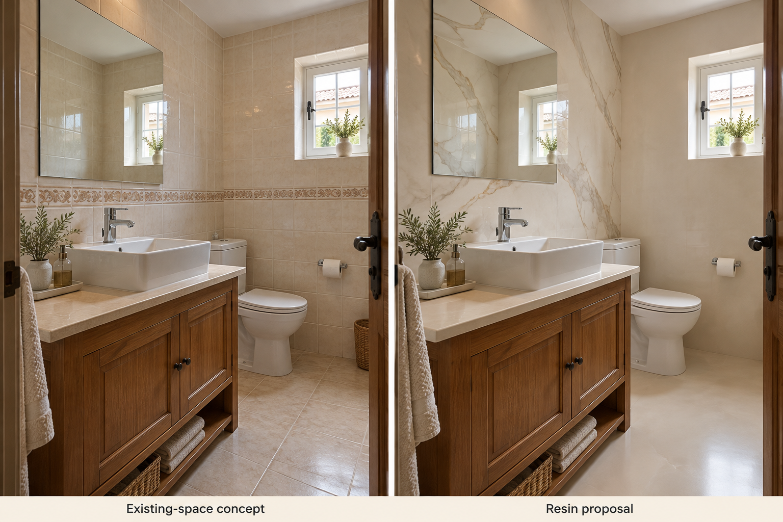 Bathroom design study comparing an existing Spanish-style interior with a proposed light marble-effect resin finish.