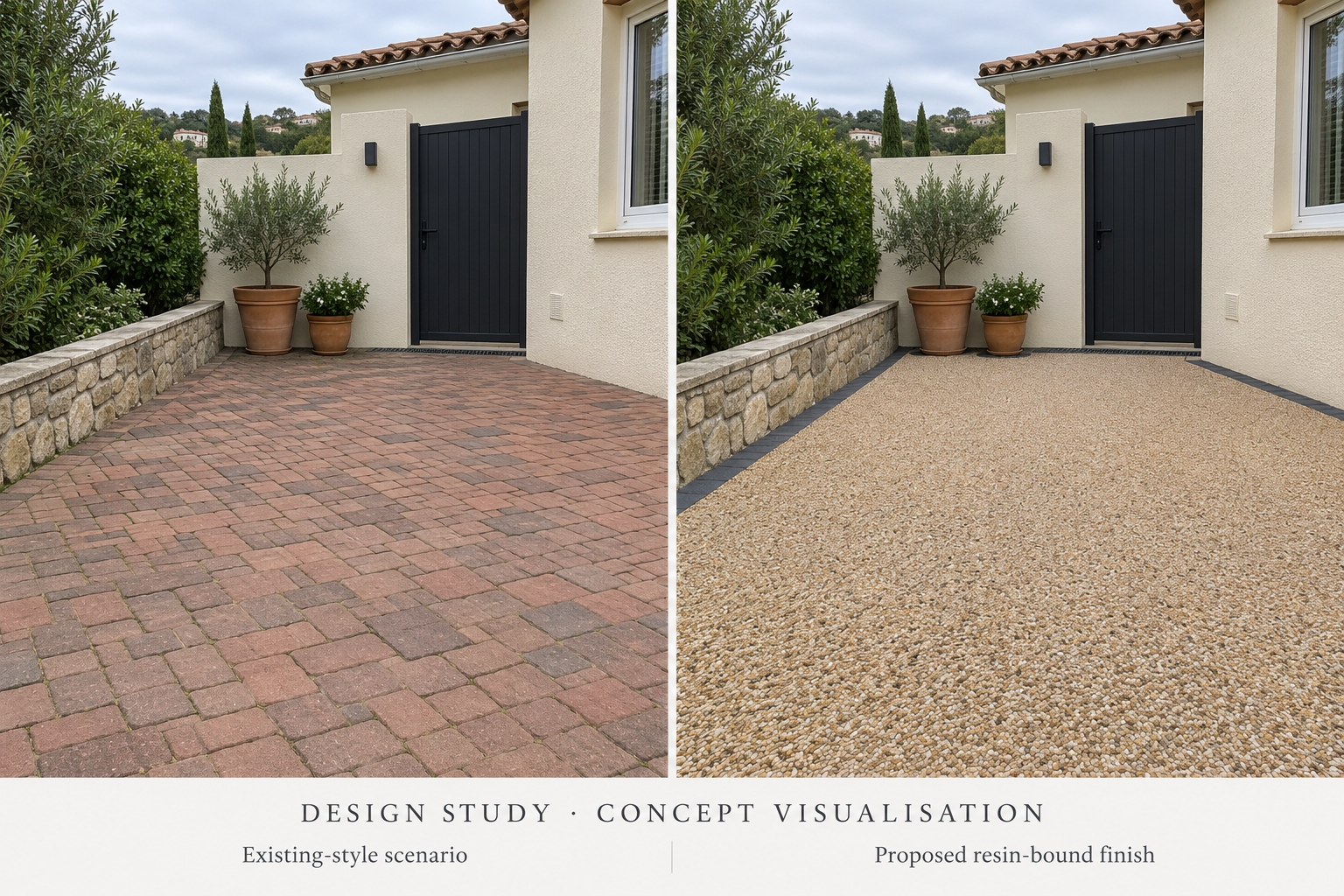 Concept comparison of an imagined paved villa entrance and a proposed warm natural-stone resin-bound surface.