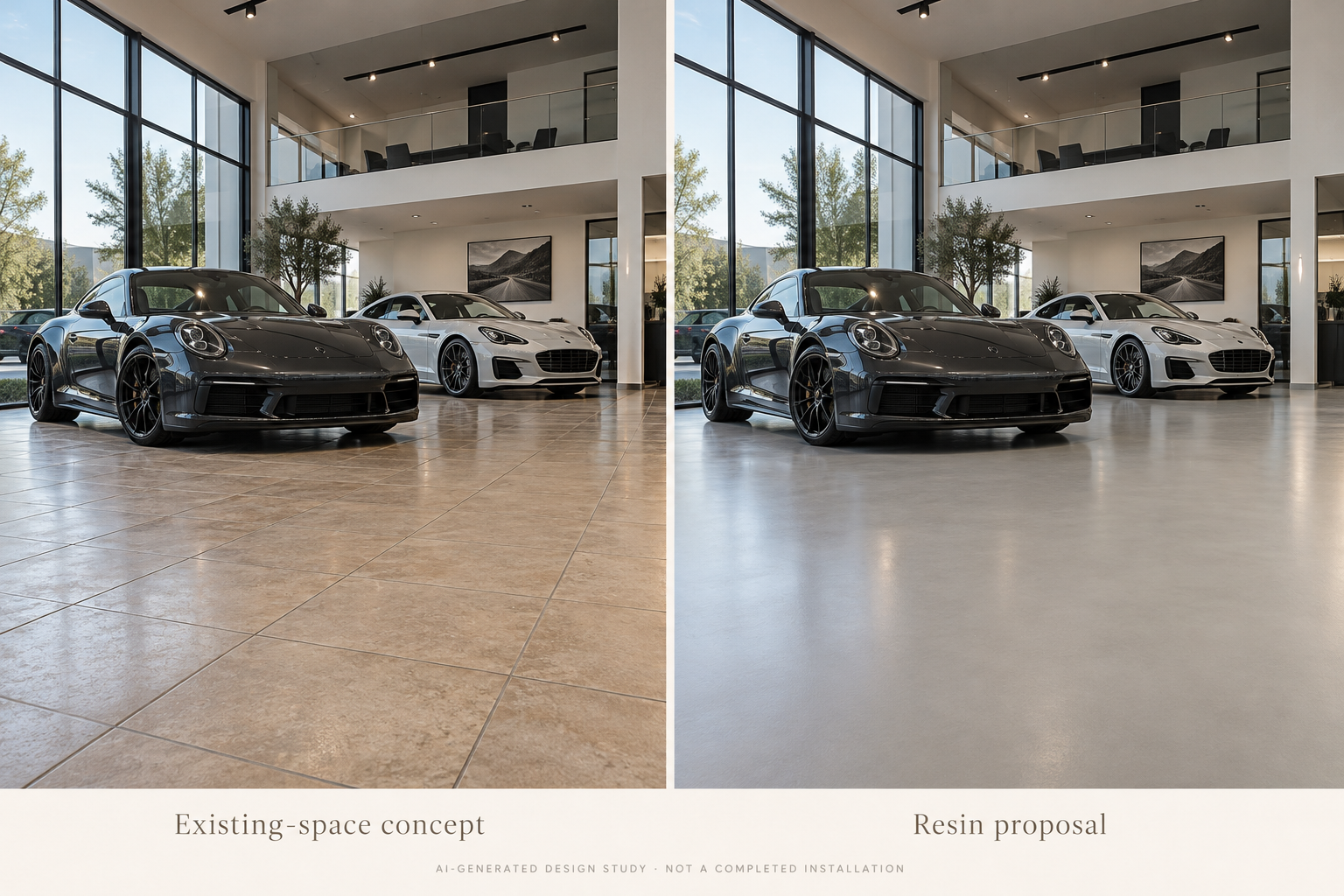 CAR SHOWROOMS · A restrained satin surface that frames the vehicles.