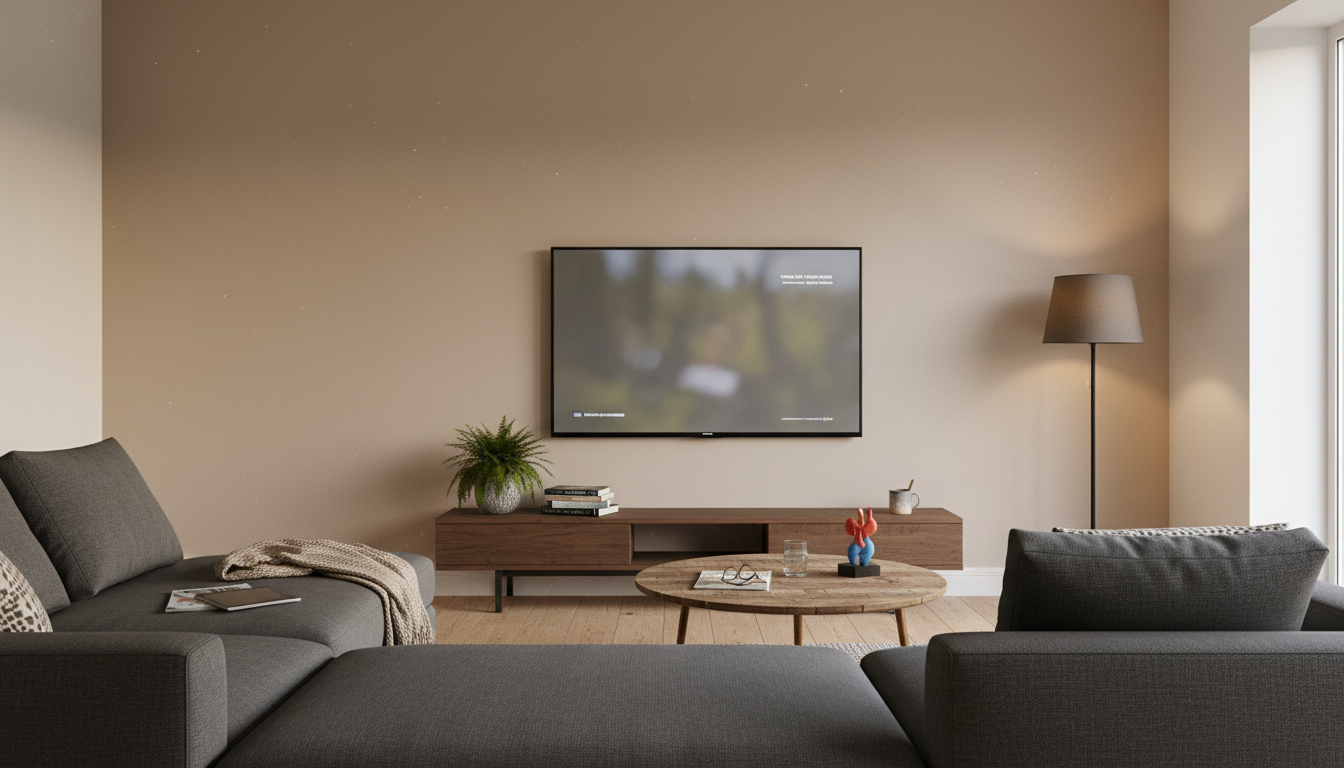 Living room before installation with plain wall and standard TV setup, pending resin decorative wall renovation.