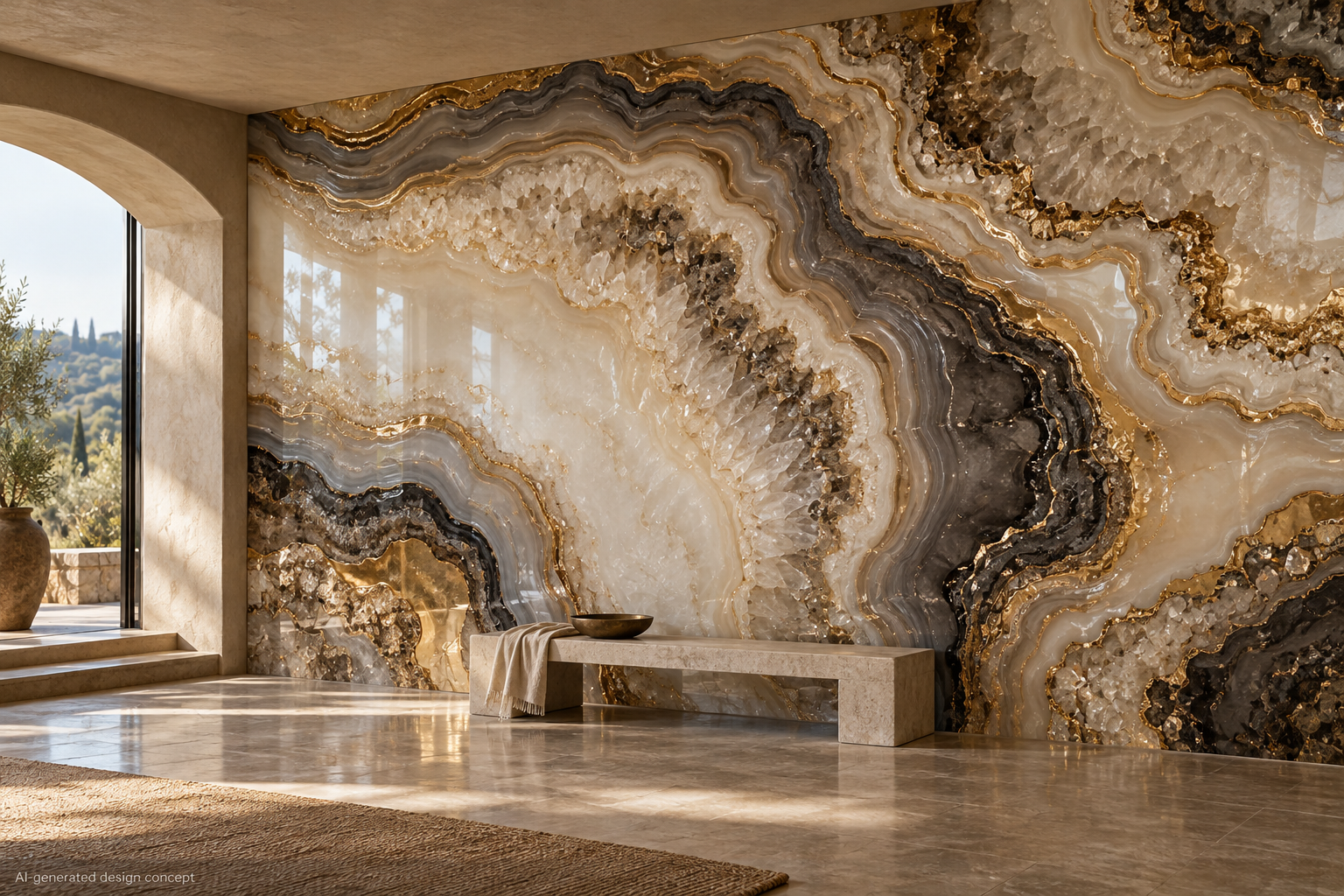 GEODE · A statement wall with mineral bands, crystalline details and gold accents.