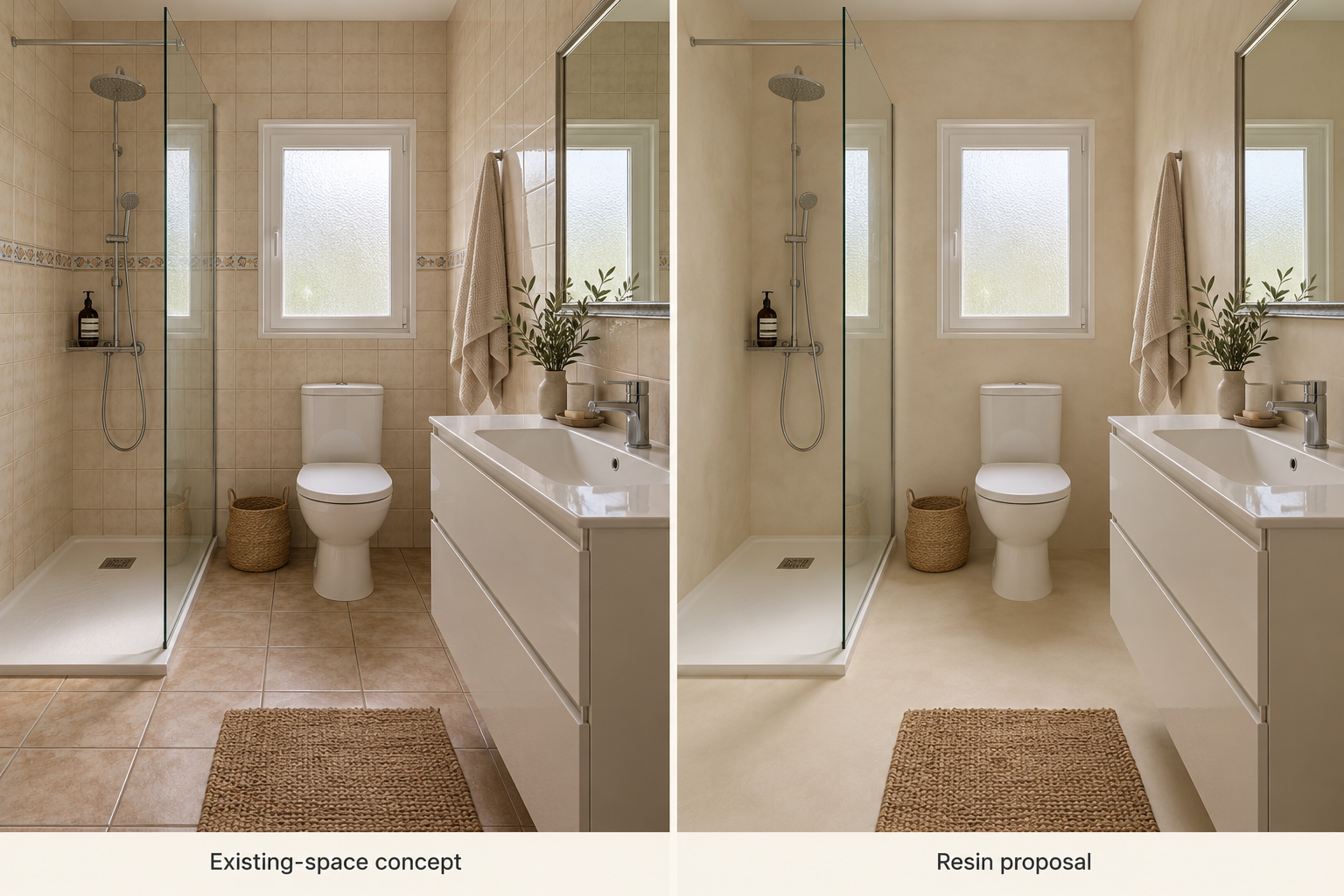 WARM CREAM · Tiled walls and floors reimagined with a soft, continuous resin finish.