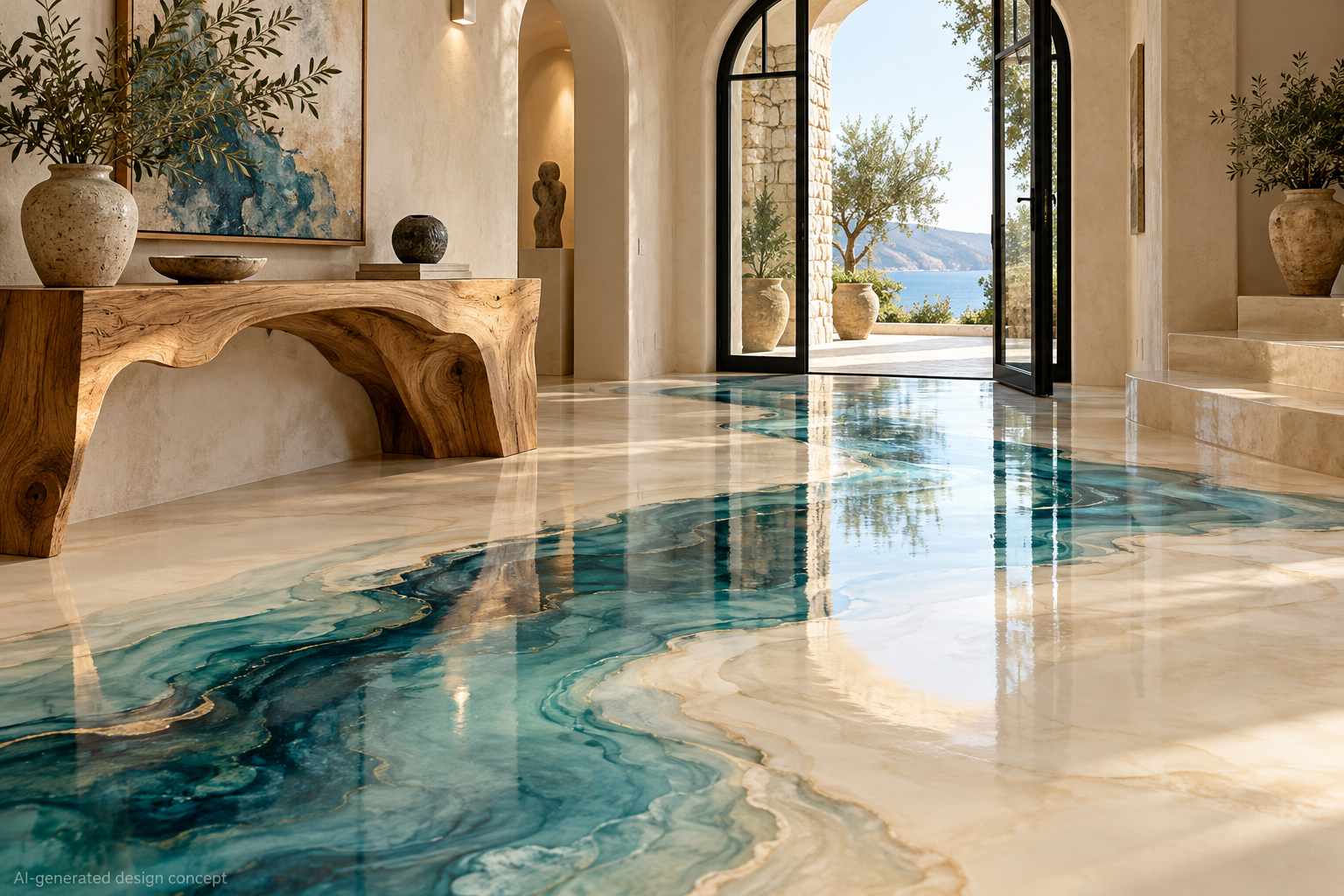 RIVER · Flowing blue and teal pigment layers with glass-like depth.