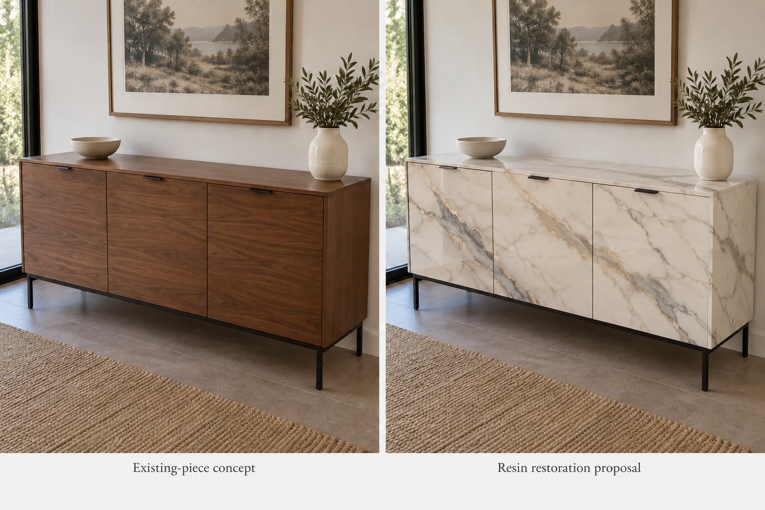 CONSOLE · Marble-effect resin across the top, doors and side panels.