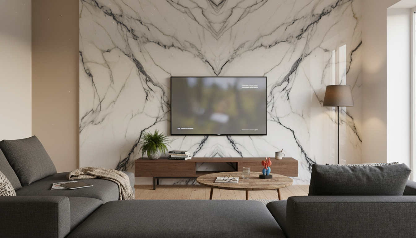 Luxury resin TV wall installation with marble-inspired veins, matte finish, and integrated media console — custom decorative wall for modern living rooms.