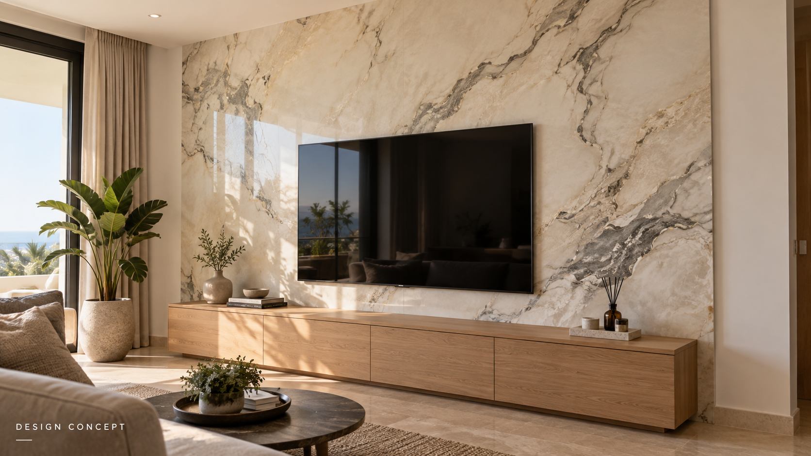 Design concept for a vertical marble-inspired resin TV wall above an oak cabinet in a naturally lit living room.