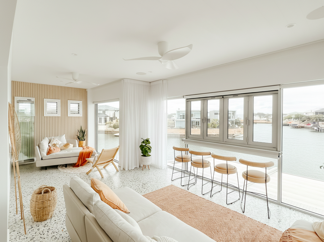 Bright living room with white sofas, barstools by a large window overlooking a waterfront, a custom home build by western australia builder