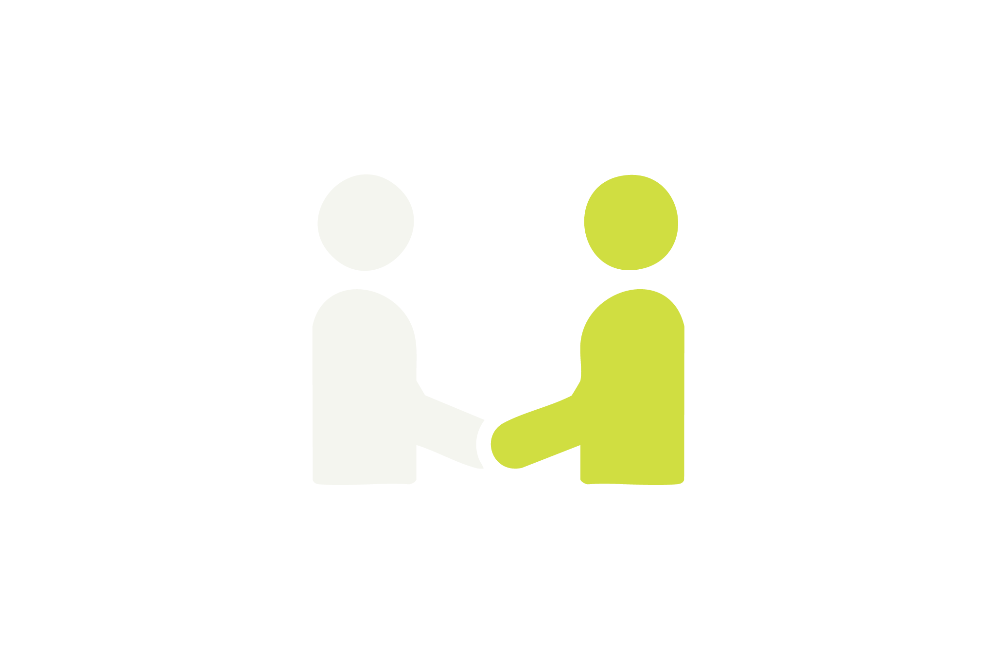 Graphic showing two stylized human figures shaking hands, one in white and one in green, representing partnership or agreement.