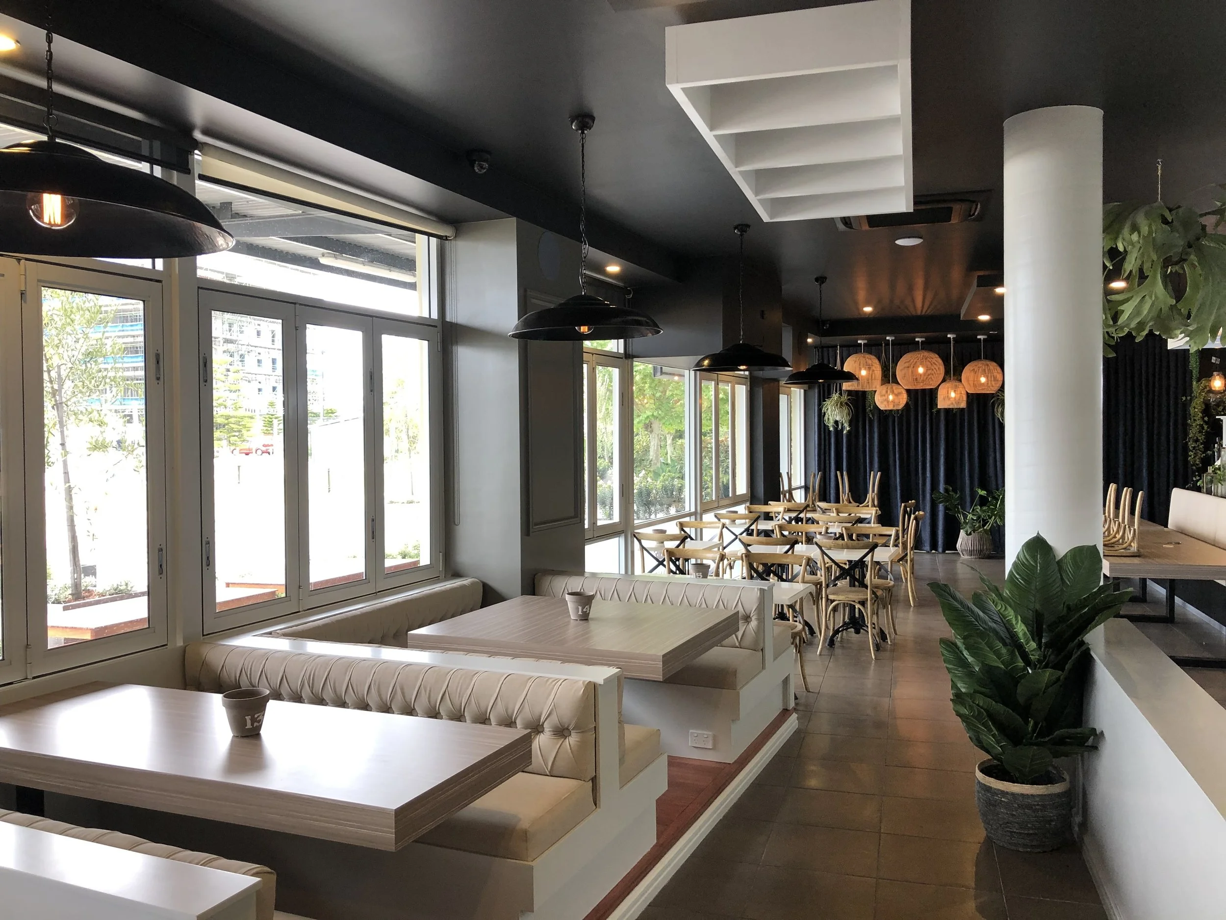 Modern restaurant interior with aesthetic interior built by local custom builder doing commercial builds and fit outs