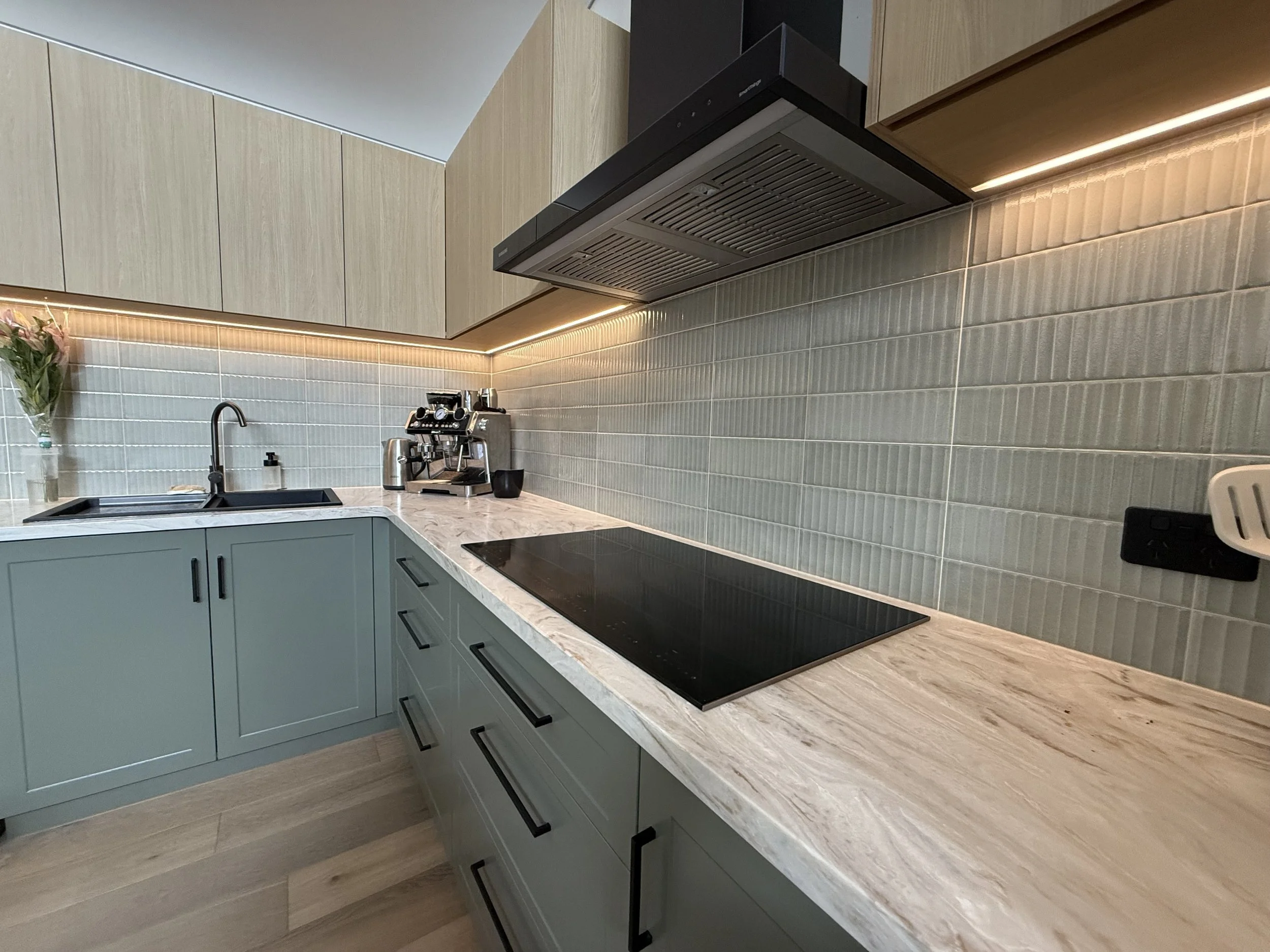 custom home build with kitchen renovations and extension, featuring blue cabinets in busselton western australia
