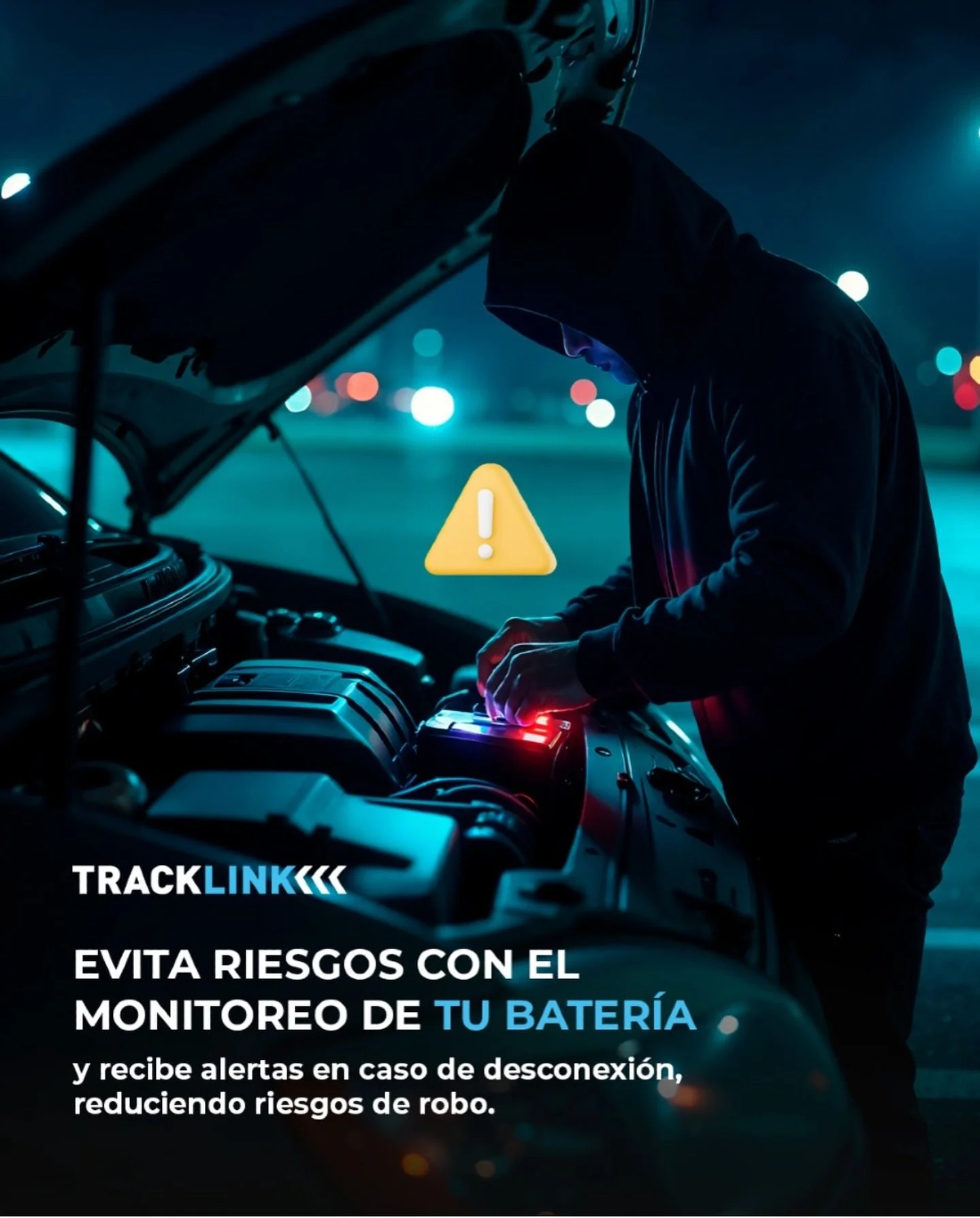 🔒🚗 Con Tracklink, tu veh&iacute;culo siempre bajo control.
Recibe alertas en tiempo real sobre el estado de tu bater&iacute;a, movimientos inesperados y mucho m&aacute;s.
📡 Monitoreo satelital 24/7 para tu tranquilidad.

Tu seguridad, nuestra prio