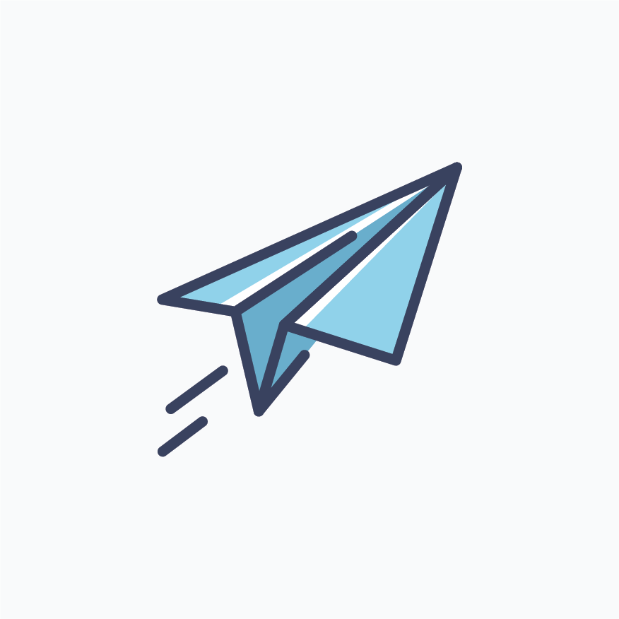 Illustration of a blue paper airplane flying with motion lines on a light background.