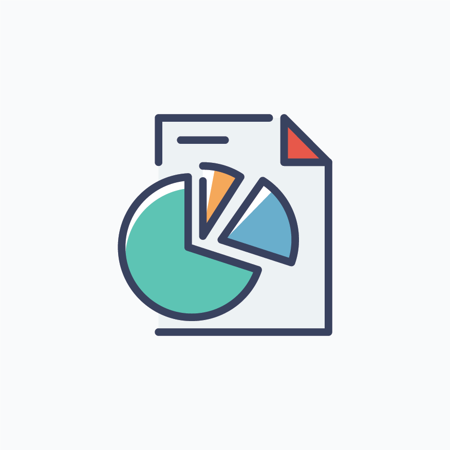 Icon of a pie chart and a document with colorful segments and a folded corner.