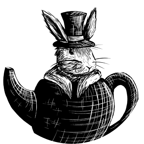 Illustration of a rabbit with a top hat and a bow tie sitting inside a teapot, with a black background.