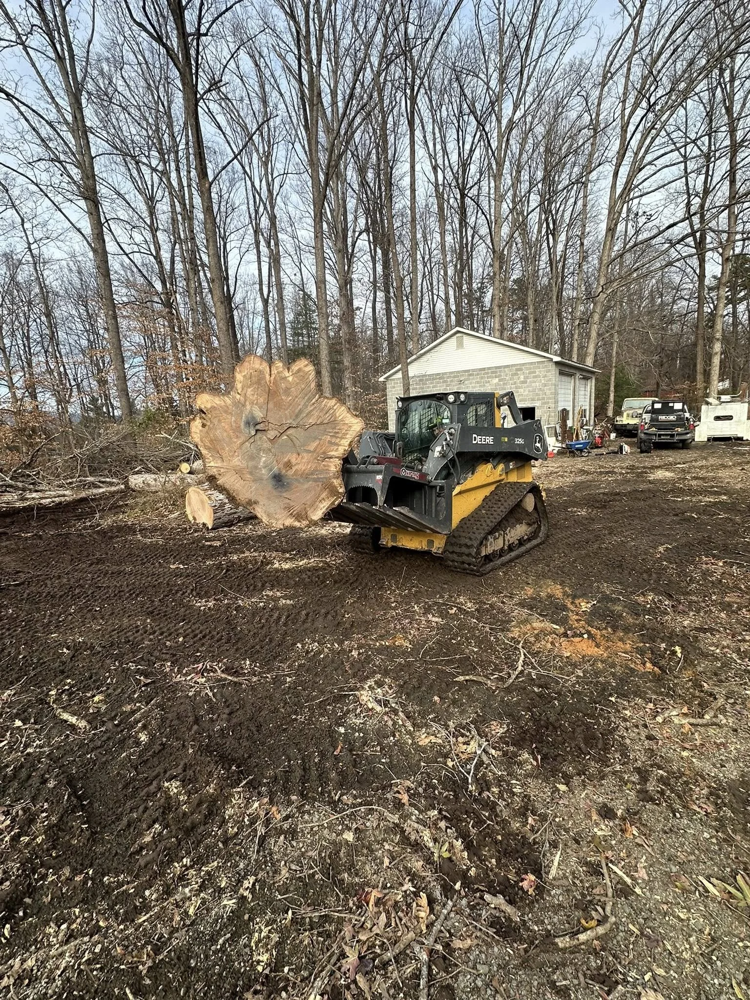 A small bulldozer lifting a large tree stump in a cleared yard with a white garage, a white trailer, and trees in the background.