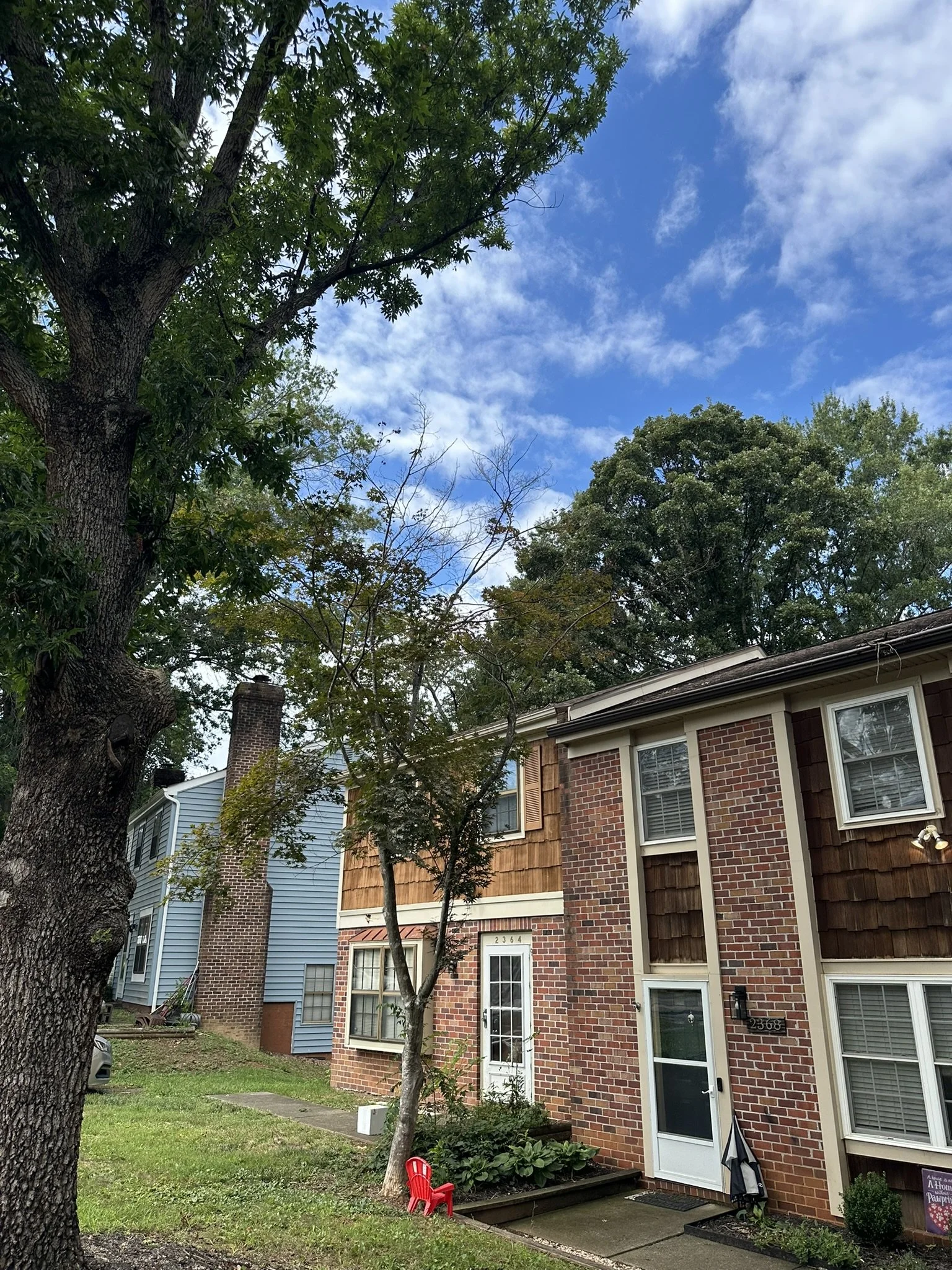 Residential neighborhood with brick and wooden houses, tall trees, a bright blue sky with clouds, and a little red chair on the lawn.