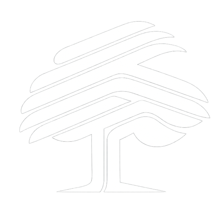 Stylized white tree logo with layered horizontal branches on a black background.