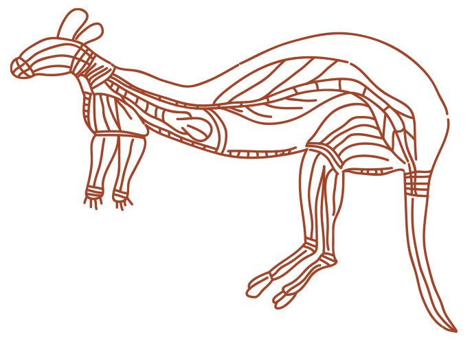 Illustration of a dog anatomy diagram in orange lines on a black background, showing muscles and skeletal structure.