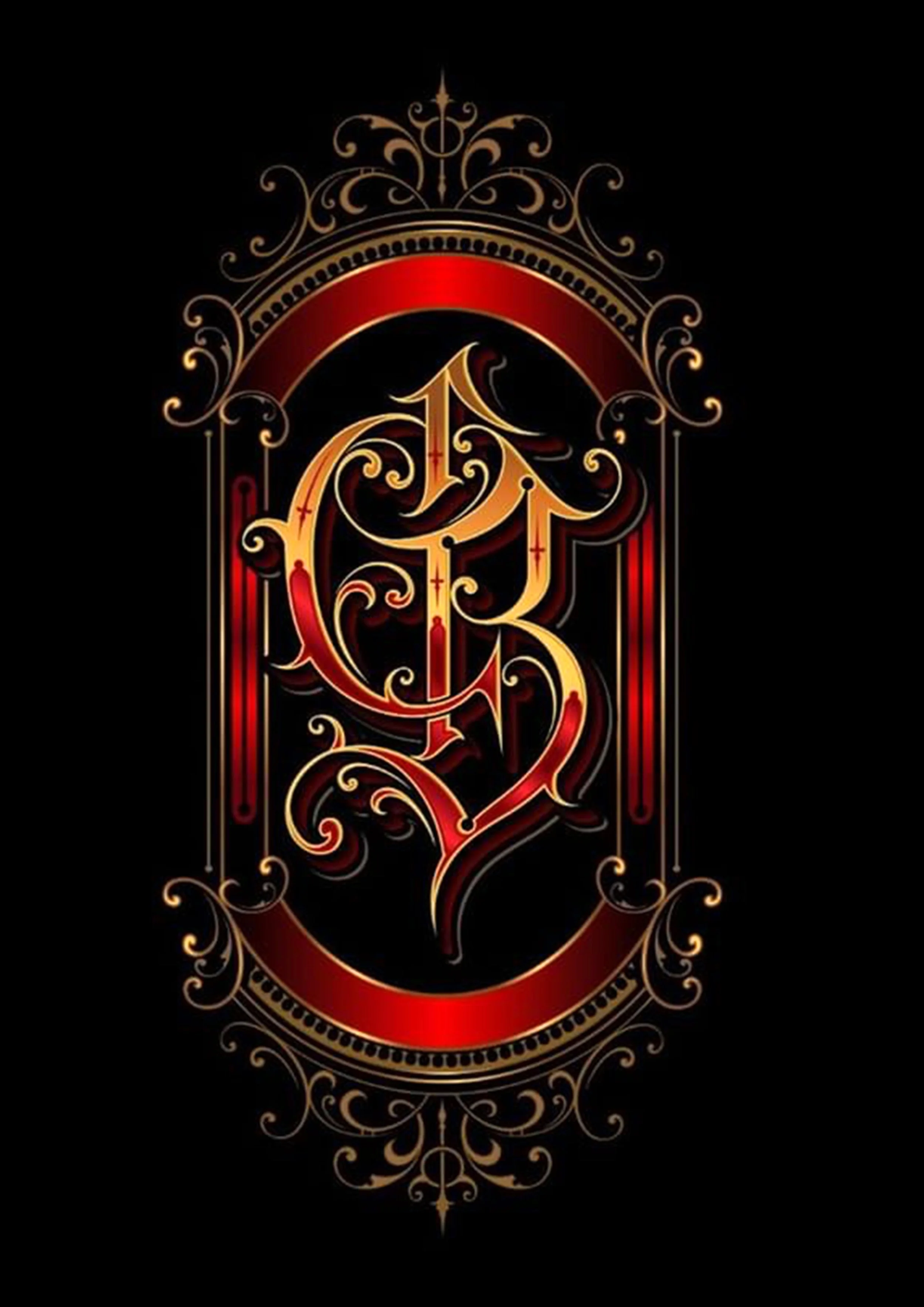 A gothic style design with ornate gold and red scrollwork