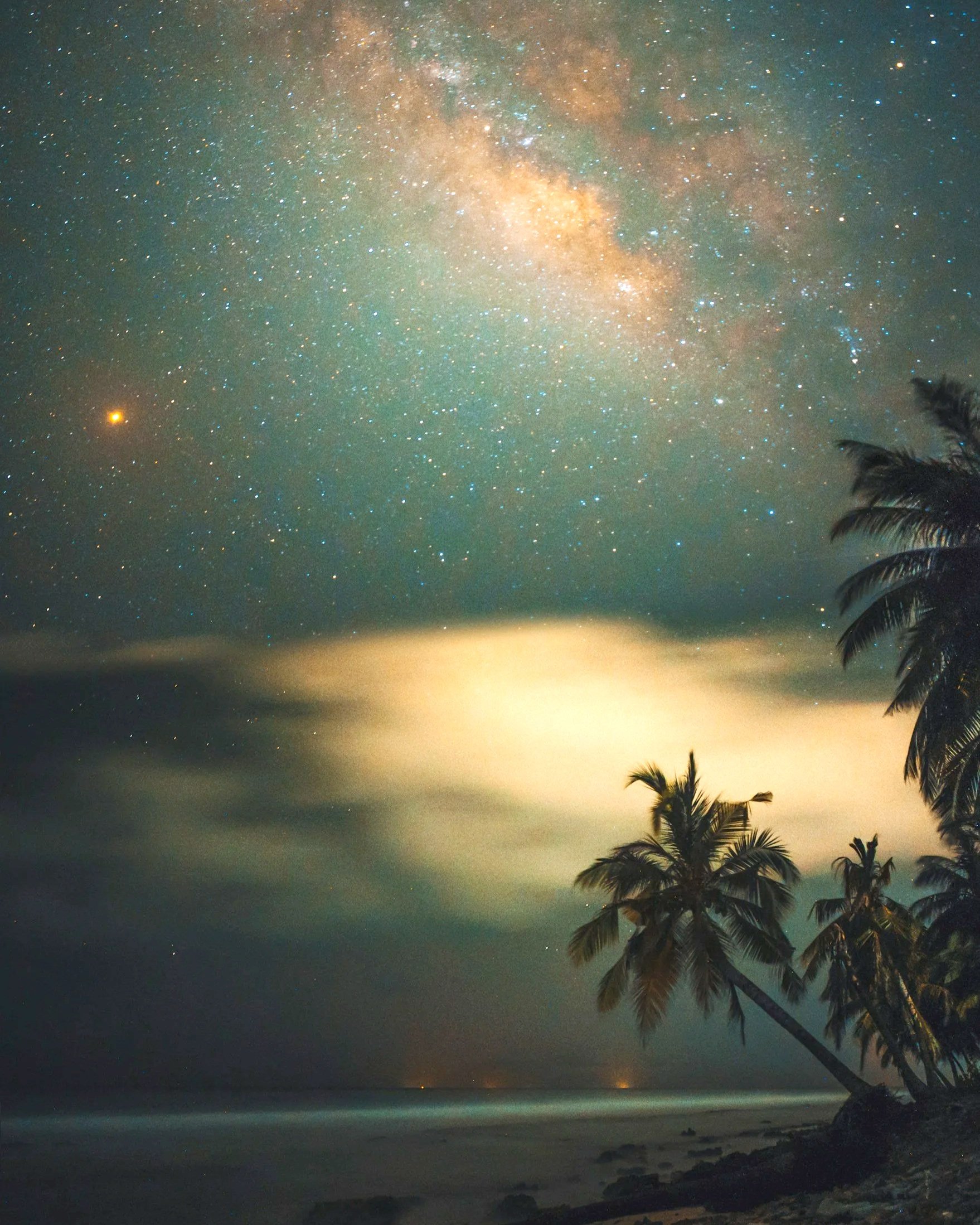 Night sky over the beach with the Milky Way galaxy and stars visible, some clouds, and silhouettes of palm trees on the right.
