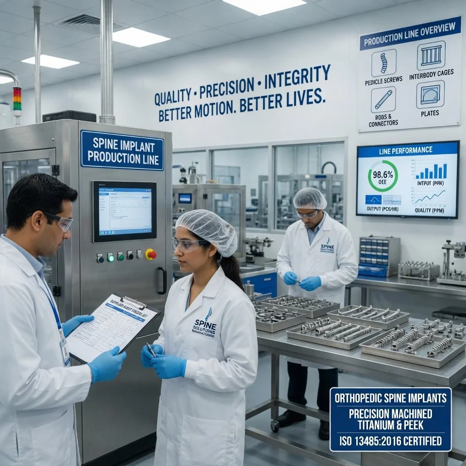 Three medical professionals in a clean laboratory working on spinal implants. The room features signs with information about the production line, performance metrics, and certification standards. One person is reviewing documents, while the other two examine metal spinal implants on tables.