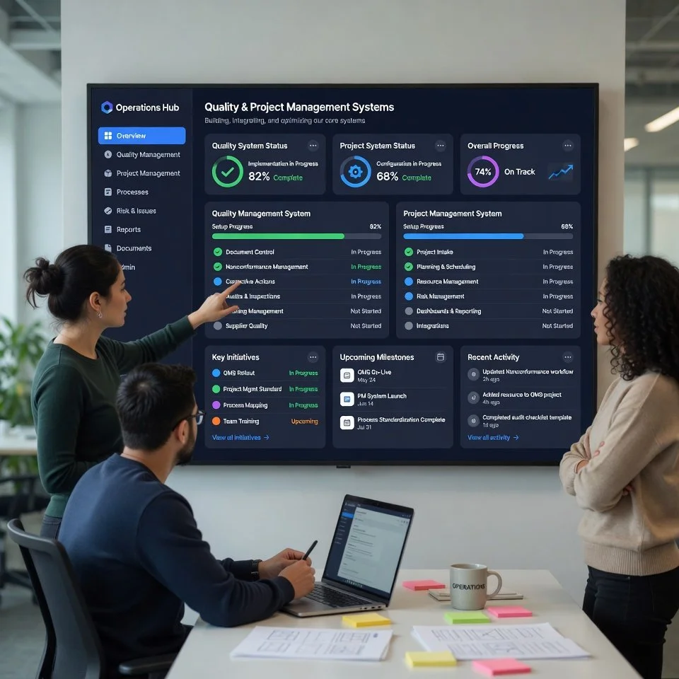 Three people in a business meeting looking at a large digital dashboard displaying project management and system status metrics. One woman is pointing at the screen, a man is seated working on a laptop, and another woman stands listening.