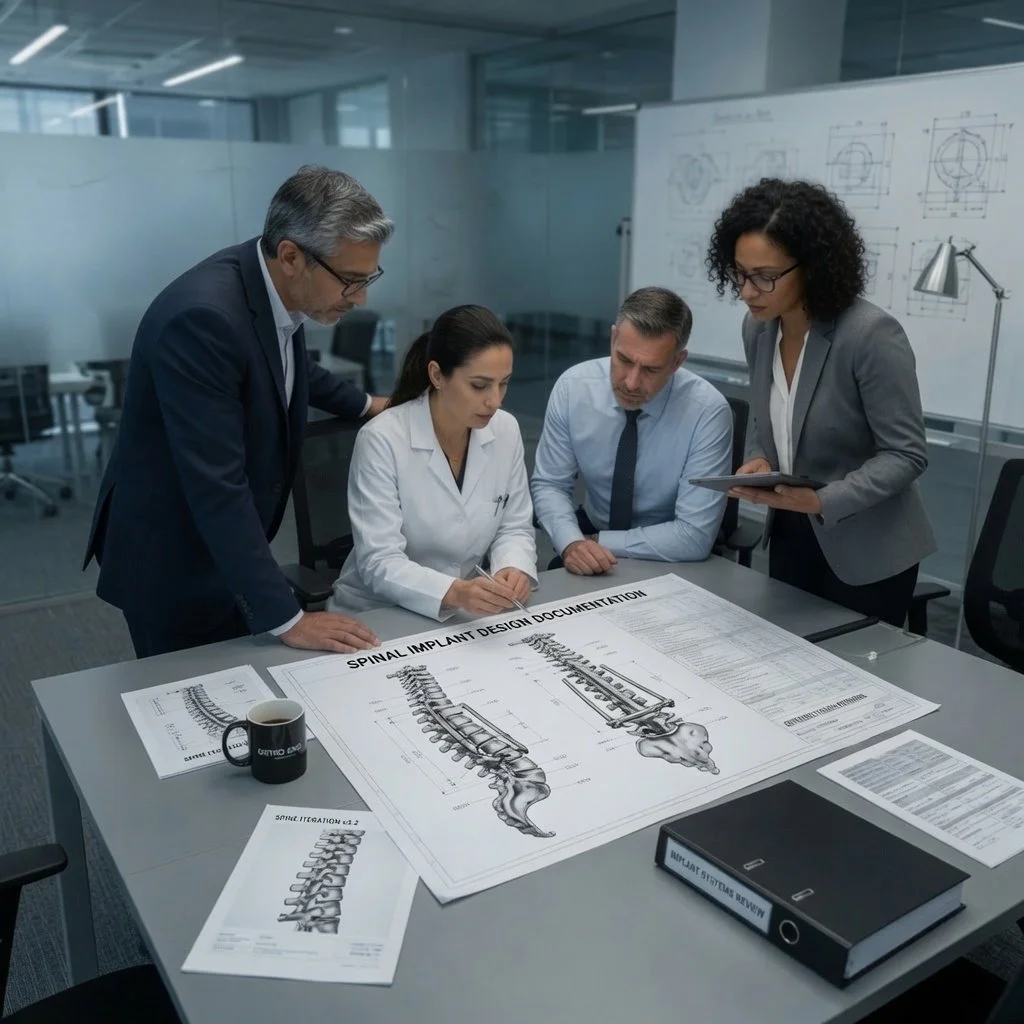 A group of four professionals reviewing spinal implant design documents in a modern conference room, with blueprints, a coffee mug, and a binder on the table.