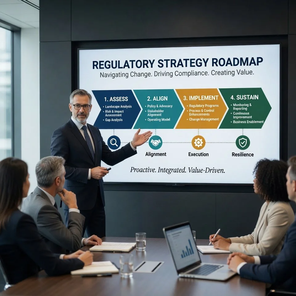 Businessman presenting a Regulatory Strategy Roadmap on a screen to a group of professionals in a meeting room. The roadmap has four steps: Assess, Align, Implement, and Sustain.