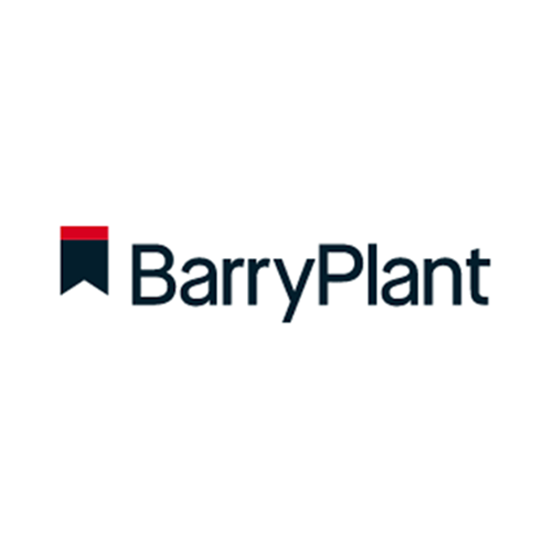 BarryPlant logo with a dark blue and red bookmark icon next to the text