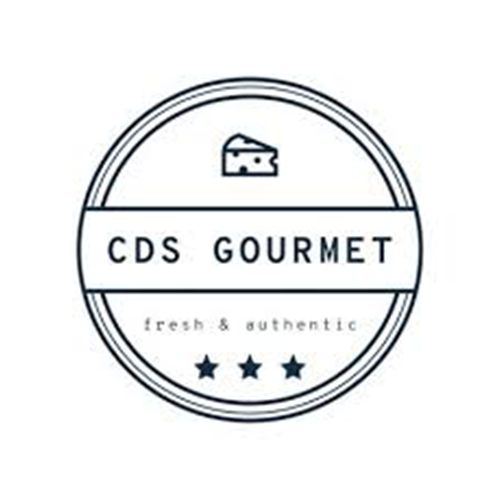 Logo for CDS Gourmet featuring a cheese illustration, the text "CDS GOURMET," and the tagline "fresh & authentic" with three stars below.