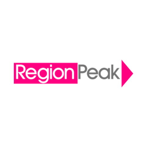 Logo with the words 'Region Peak' and a pink arrow pointing to the right.