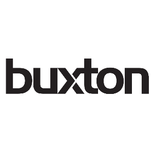 Buxton logo with a dark blue and red bookmark icon next to the text