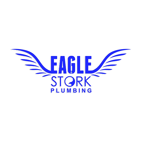 Logo for Eagle Stork Plumbing featuring stylized eagle wings and blue text.