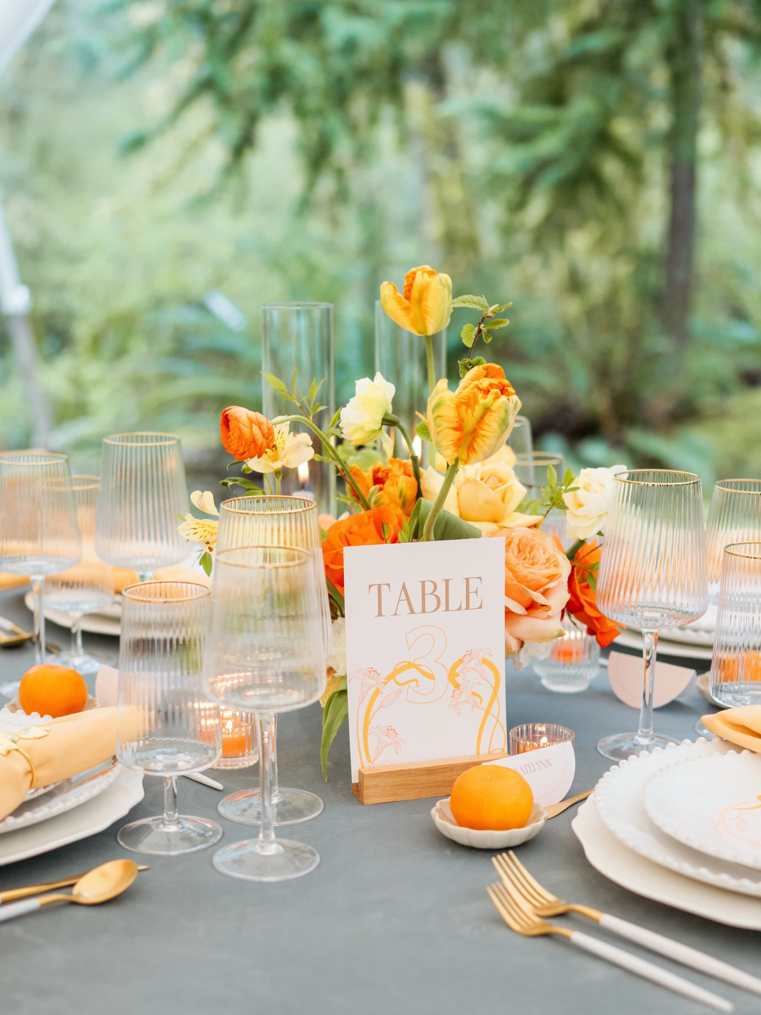 More delectable details from our &lsquo;Into the Woods&rsquo; editorial that&rsquo;s been published in Washington Wedding Day&rsquo;s Fall 2026 Edition, on stands now. Citrus oranges &amp; soft blue hues were blended together to suit almost any seaso