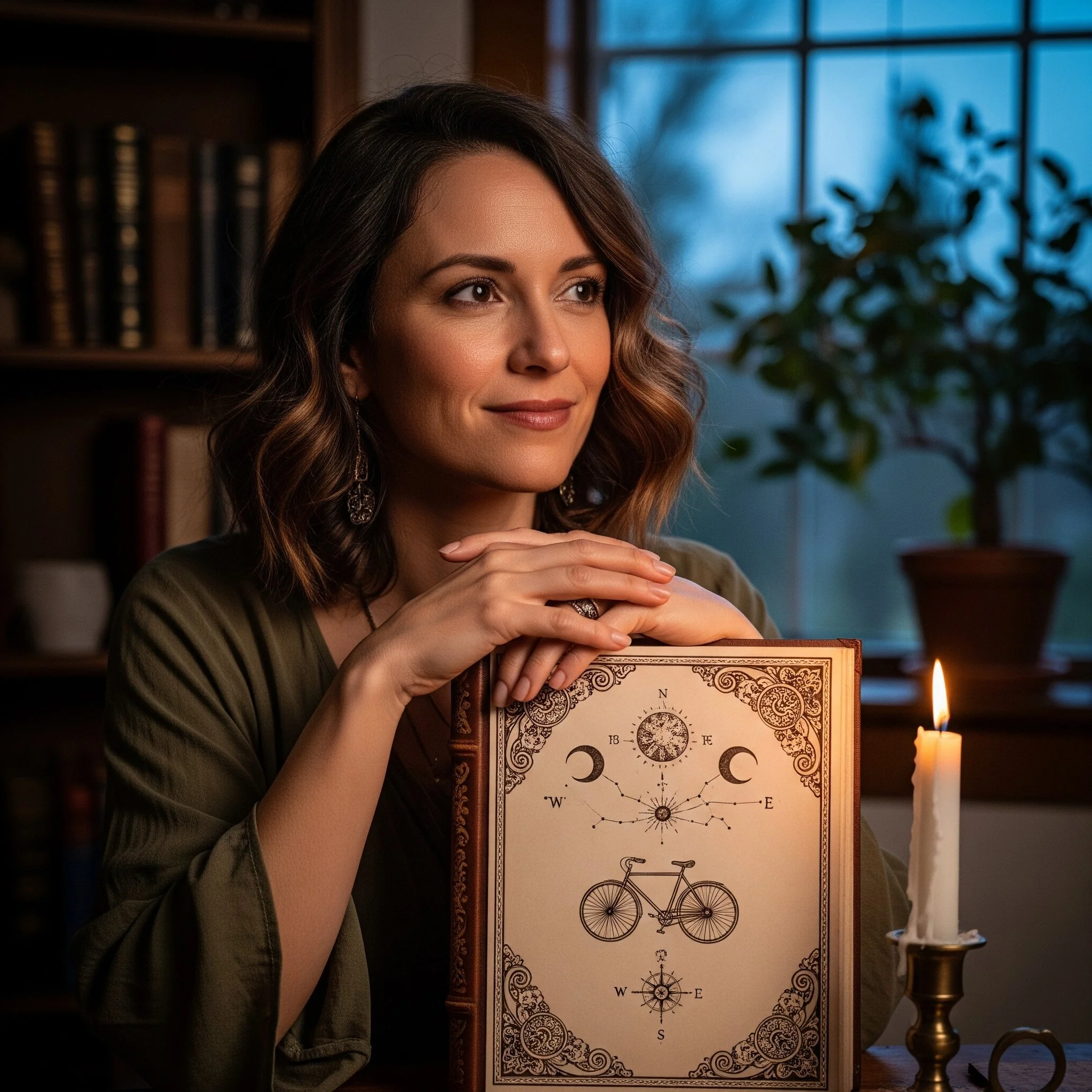 Mujer sonriente en interior con libro y vela encendida, fondo de biblioteca y ventana con vista al atardecer.