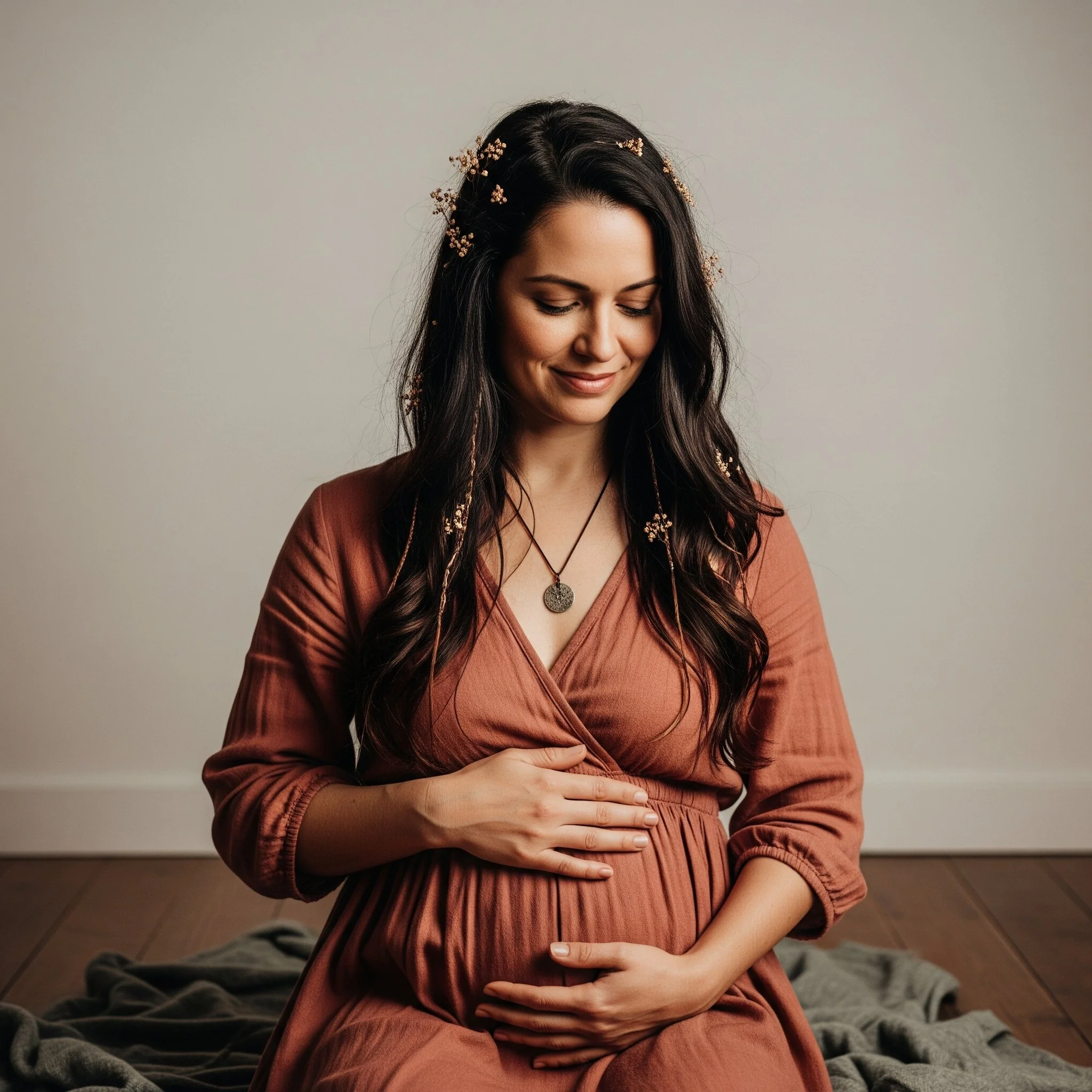 Mujer embarazada en una pose contemplativa y feliz, con la mano en el vientre, vistiendo un vestido marrón y con cabello largo y rizado decorado con pequeñas flores.