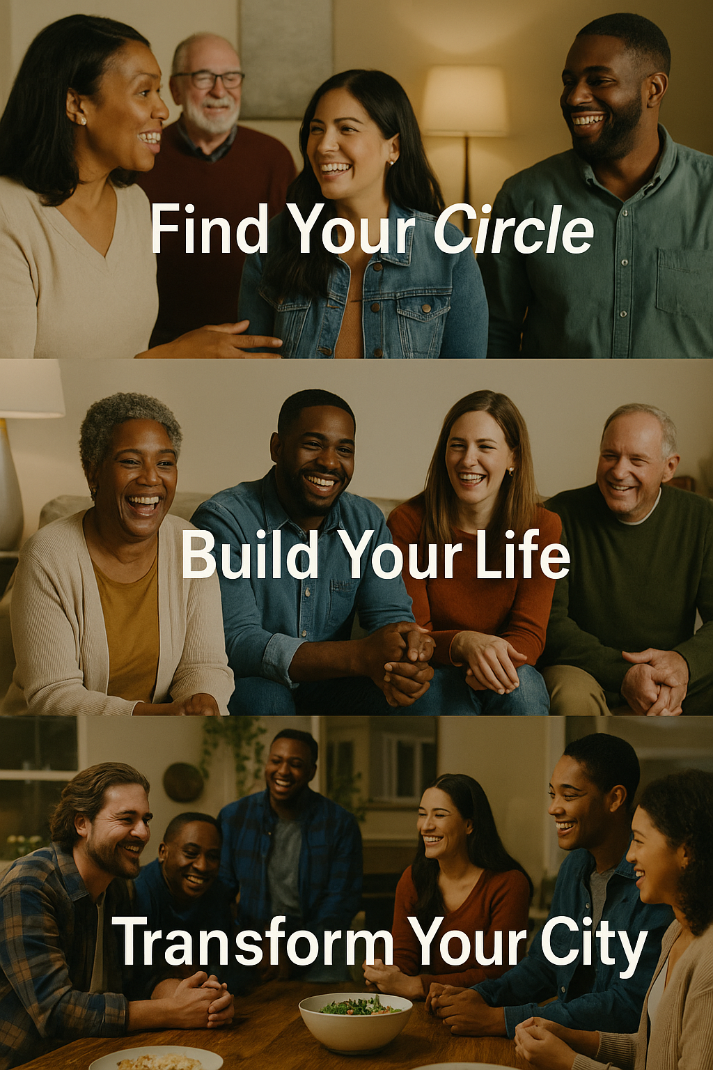 Three groups of diverse people smiling and engaging in conversations in indoor settings, with overlaid text reading "Find Your Circle," "Build Your Life," and "Transform Your City."