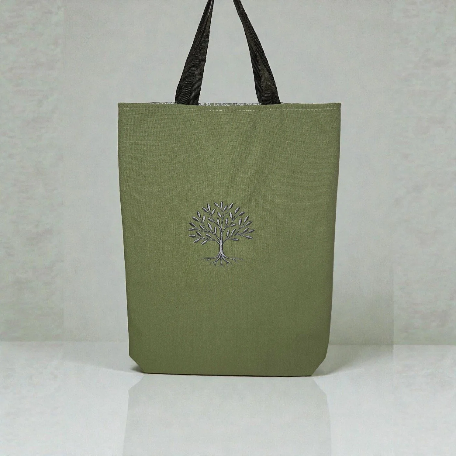 Embroidered Tree Tote Bag - Green Canvas