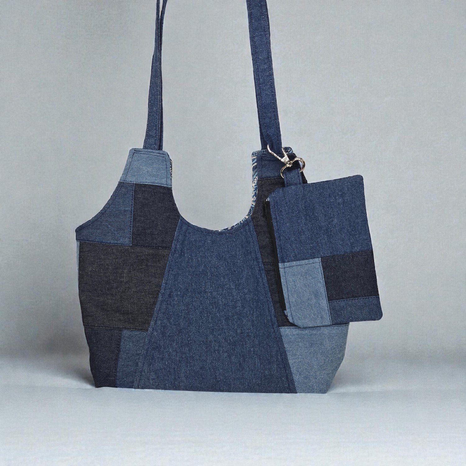 Hobo Tote Bag - Blue Denim Patchwork