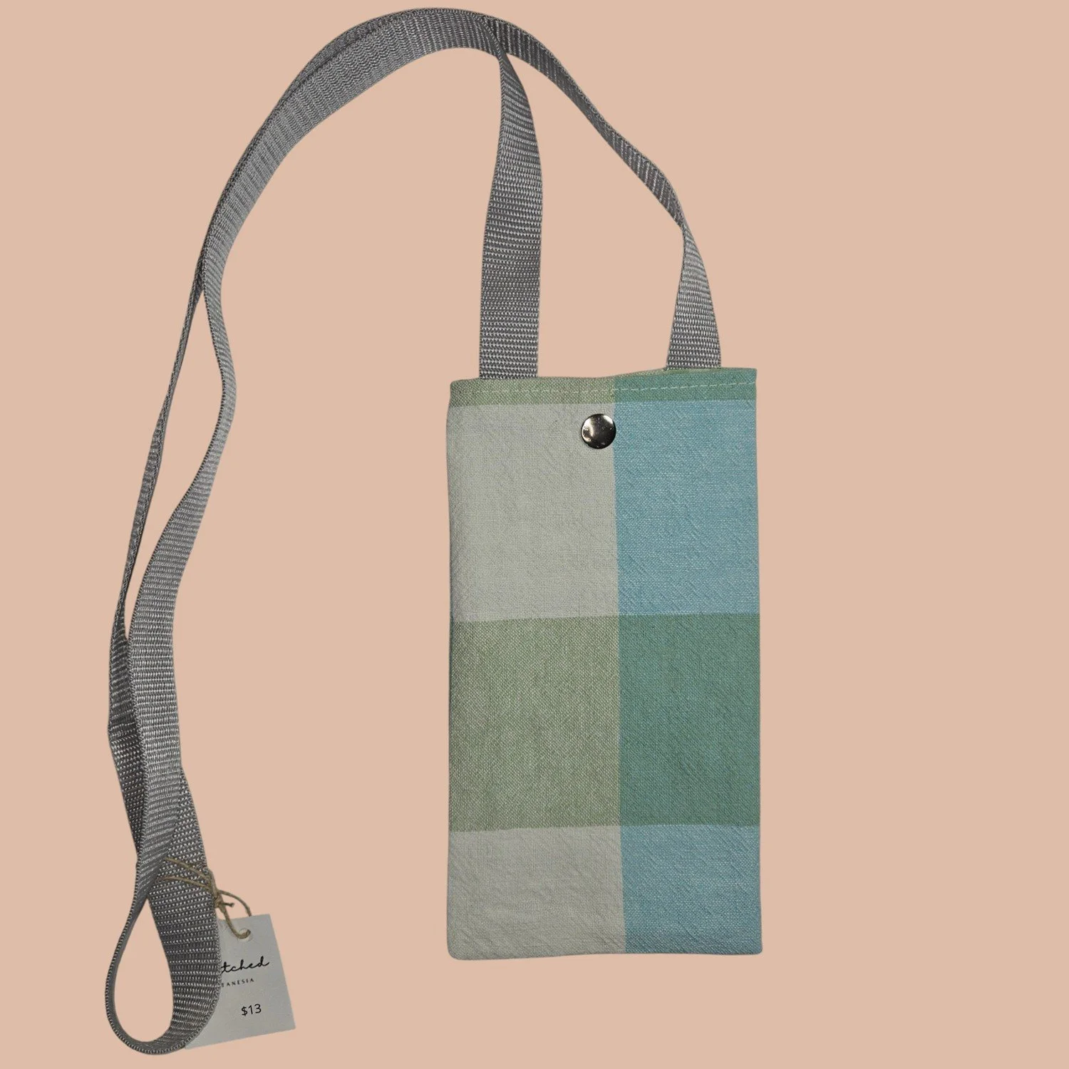Crossbody Cell Phone Bag - White/Blue/Green Squares